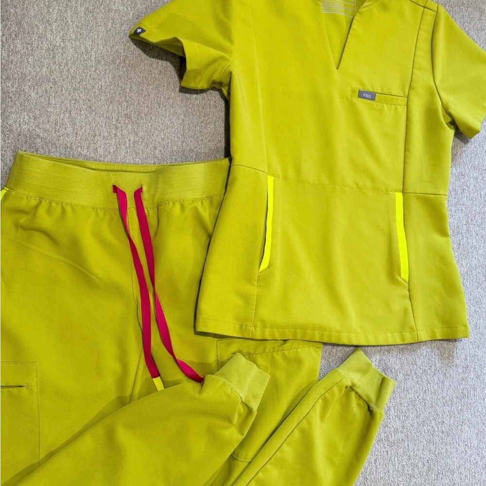 Figs Women's Lime Green Scrub Top and Jogger Set with Pink Drawstrings